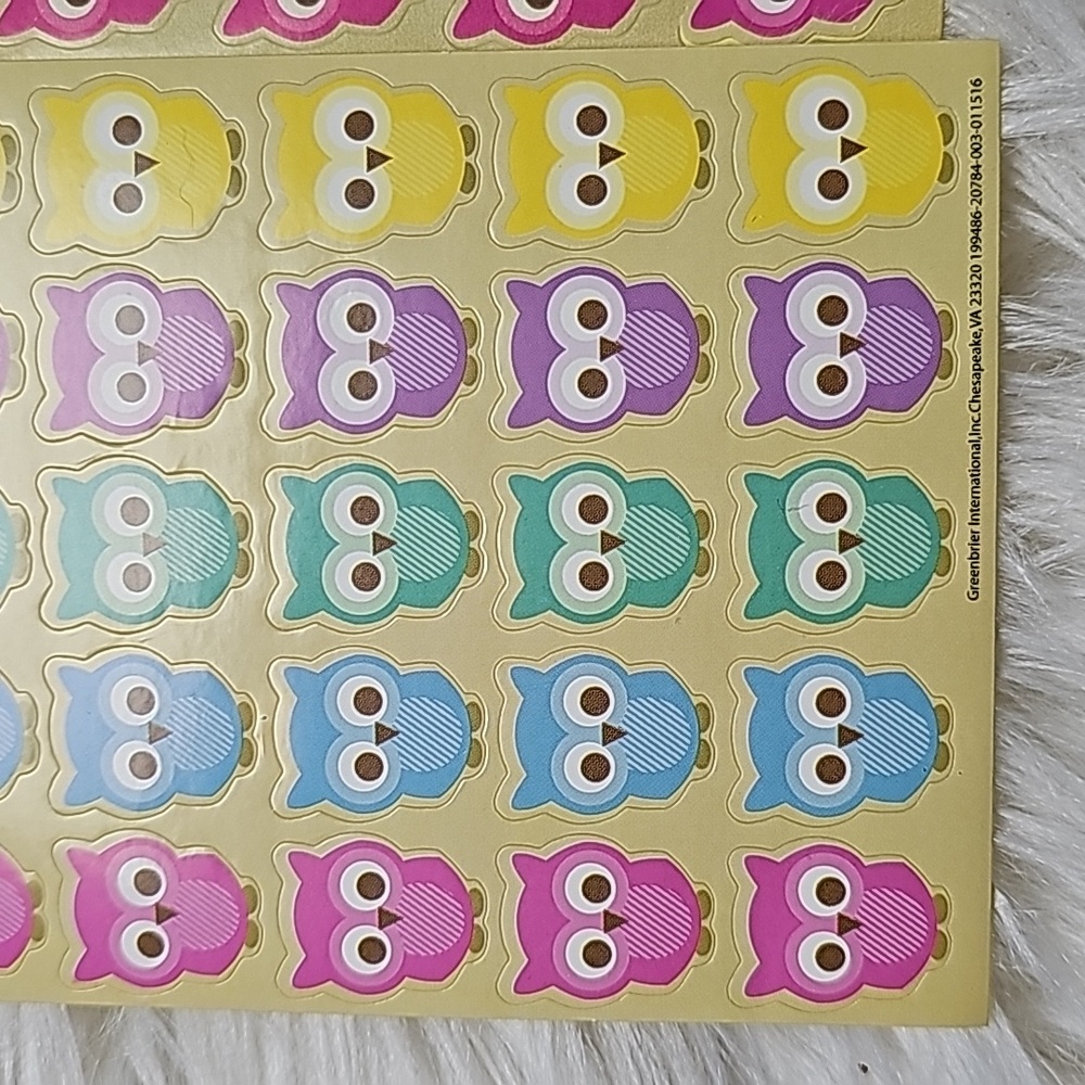 Set of 60 owl stickers pink purple green blue yellow